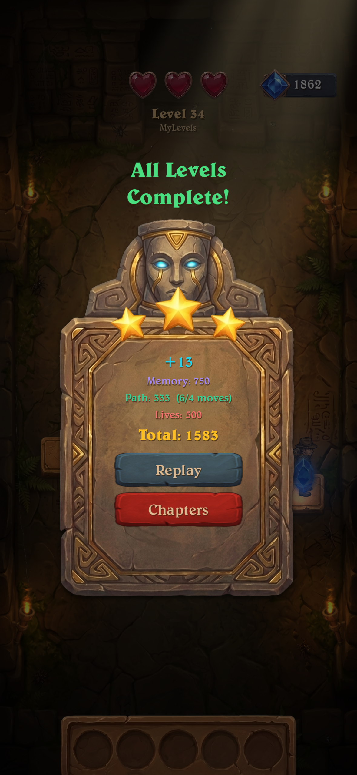 Level complete — three stars and scoring