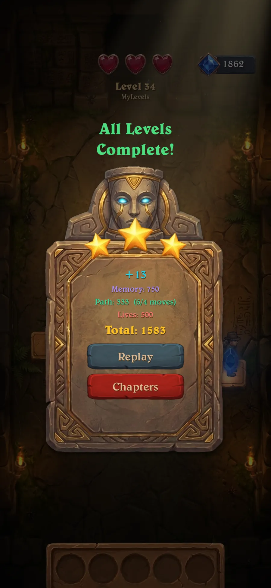 Level complete — three stars and scoring