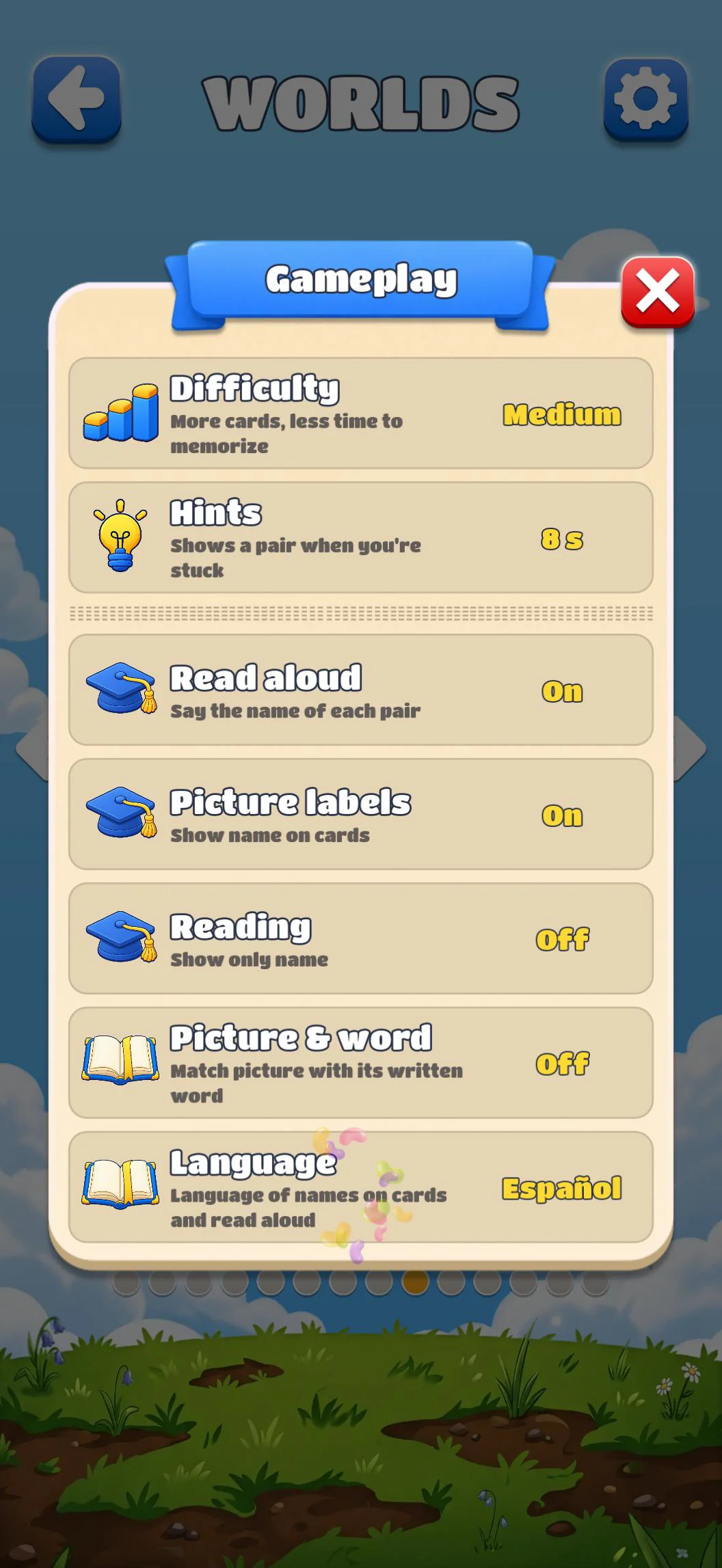 Gameplay settings - difficulty, hints, read aloud, languages